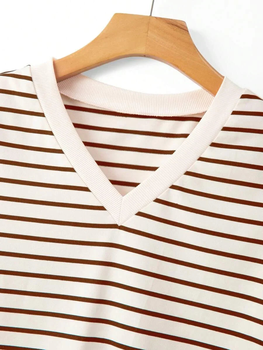 Striped V-Neck Short Sleeve T-Shirt For Women