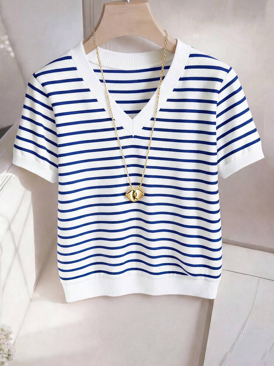 Striped V-Neck Short Sleeve T-Shirt For Women