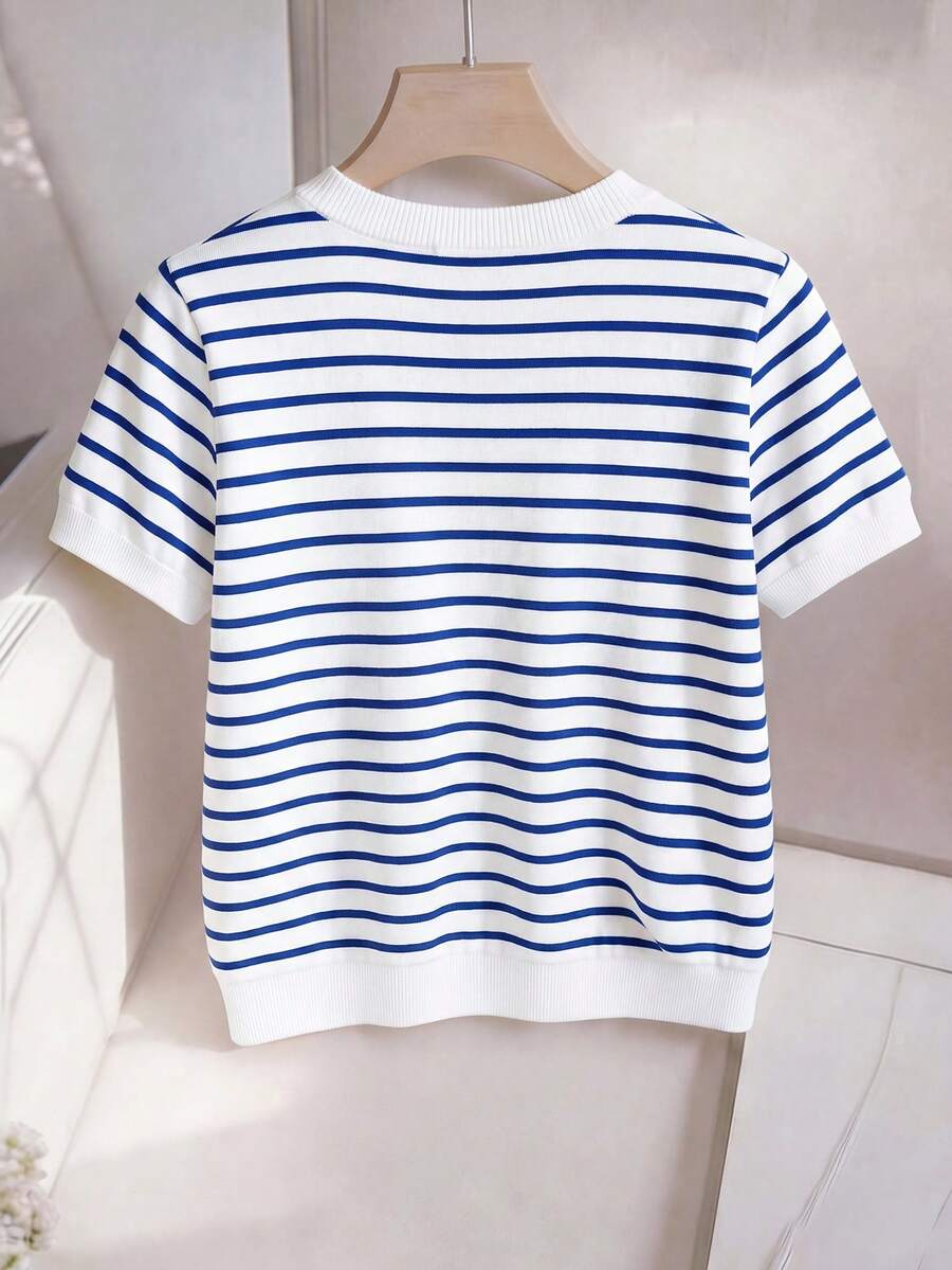 Striped V-Neck Short Sleeve T-Shirt For Women