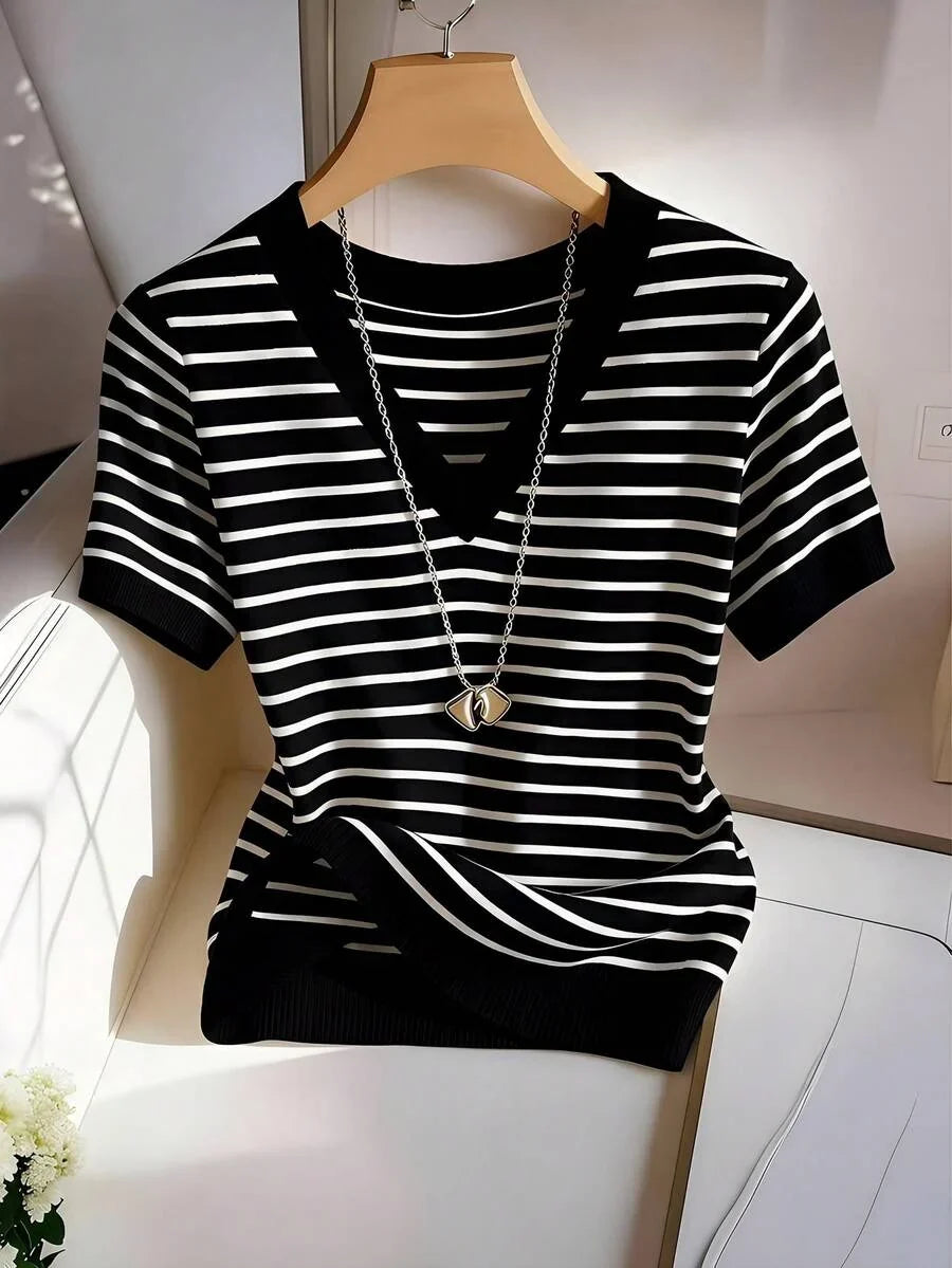 Striped V-Neck Short Sleeve T-Shirt For Women