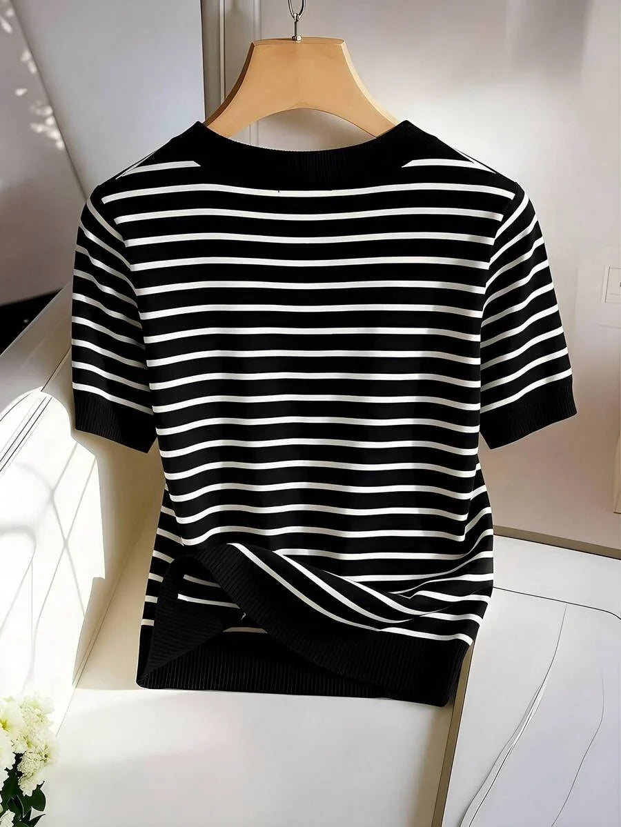 Striped V-Neck Short Sleeve T-Shirt For Women