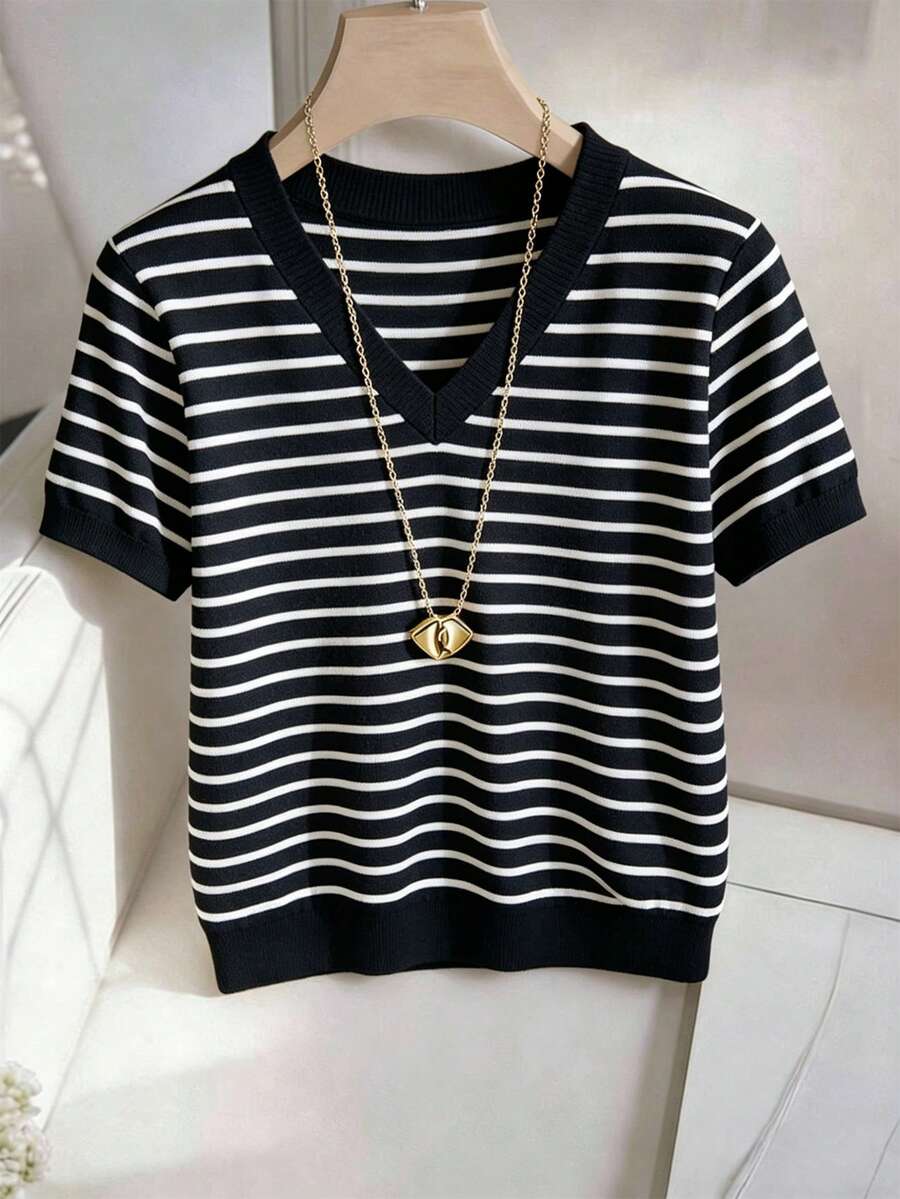 Striped V-Neck Short Sleeve T-Shirt For Women