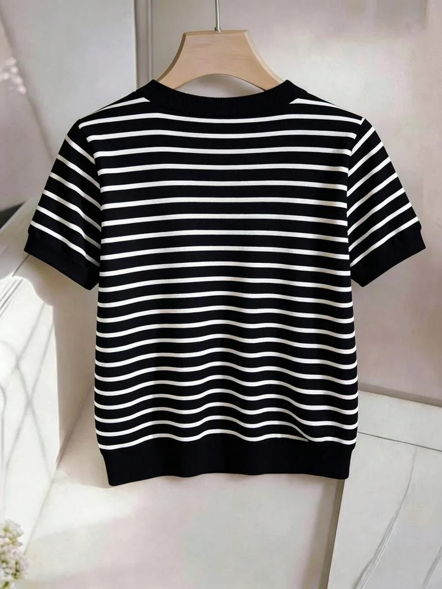 Striped V-Neck Short Sleeve T-Shirt For Women