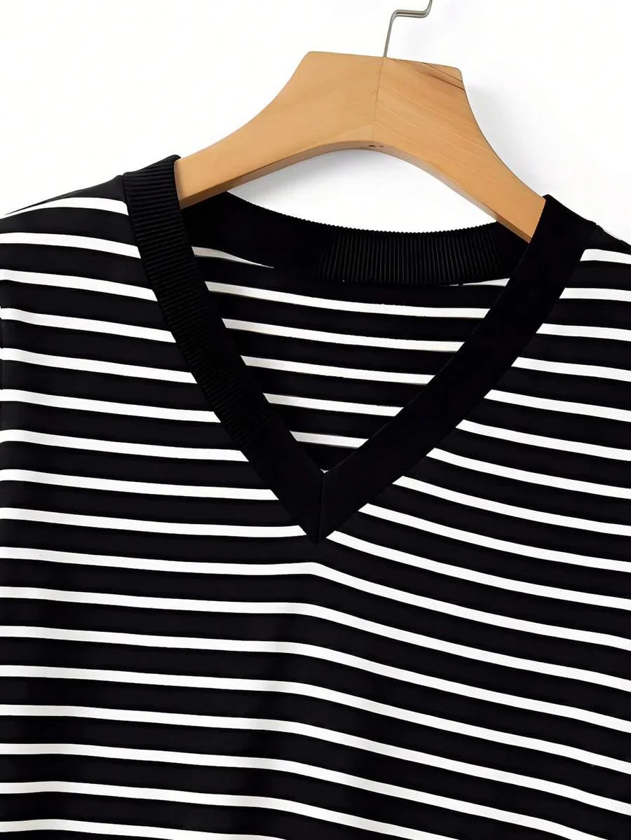 Striped V-Neck Short Sleeve T-Shirt For Women