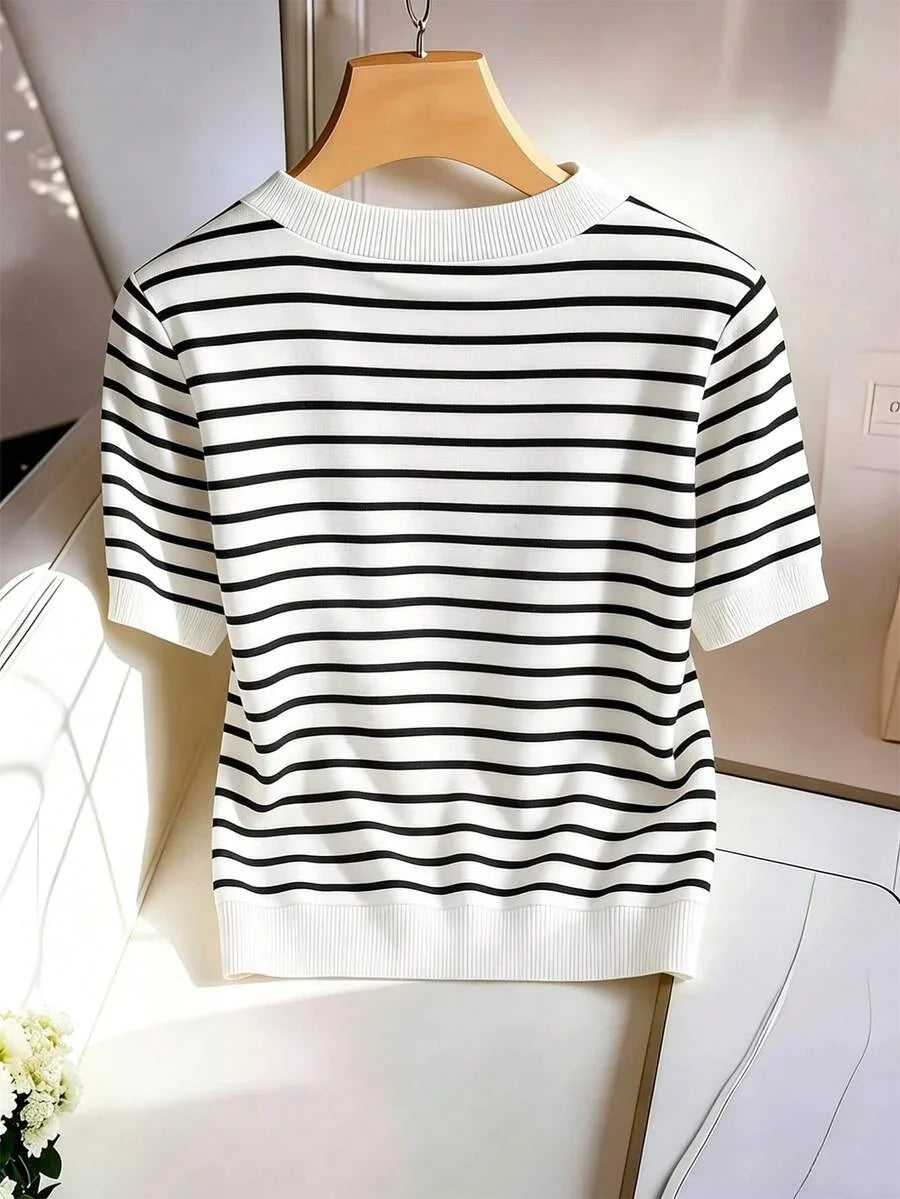 Striped V-Neck Short Sleeve T-Shirt For Women