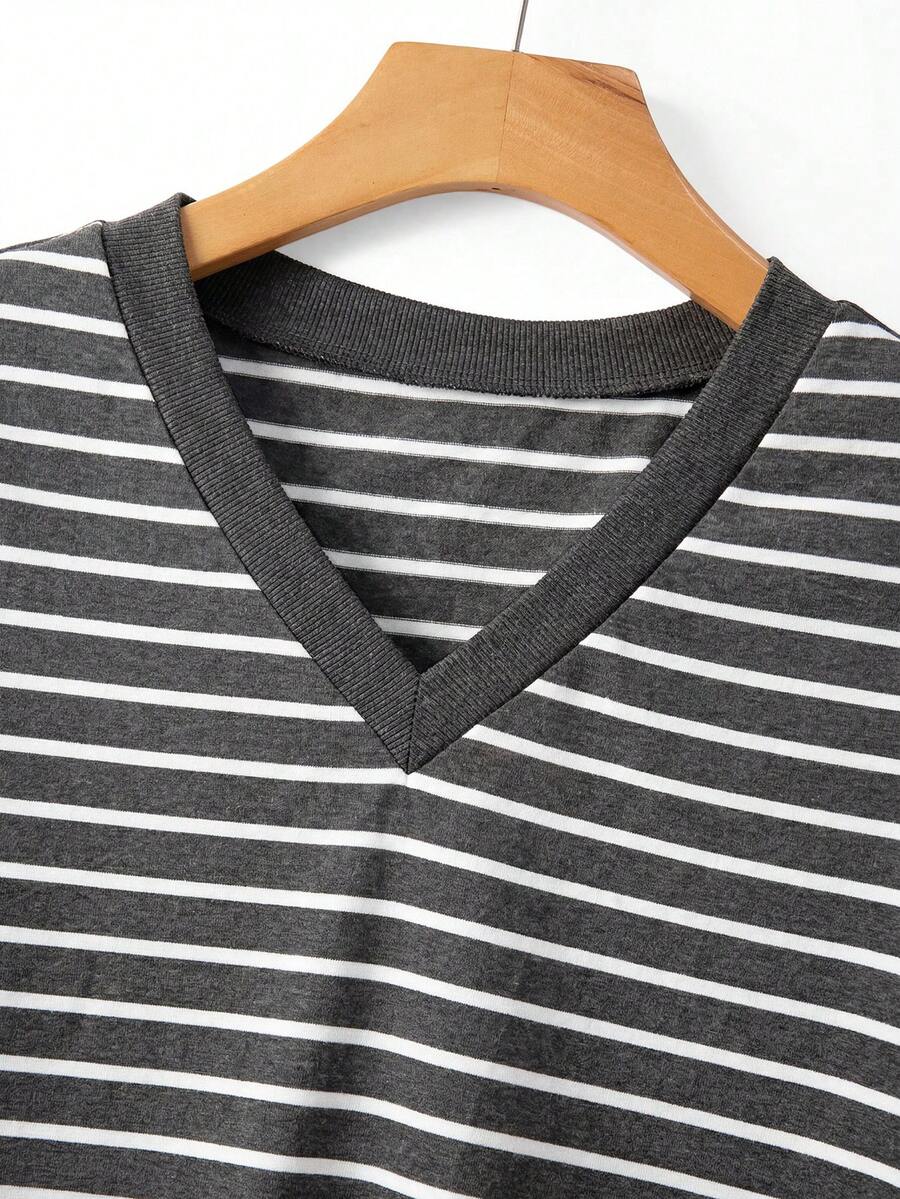 Striped V-Neck Short Sleeve T-Shirt For Women