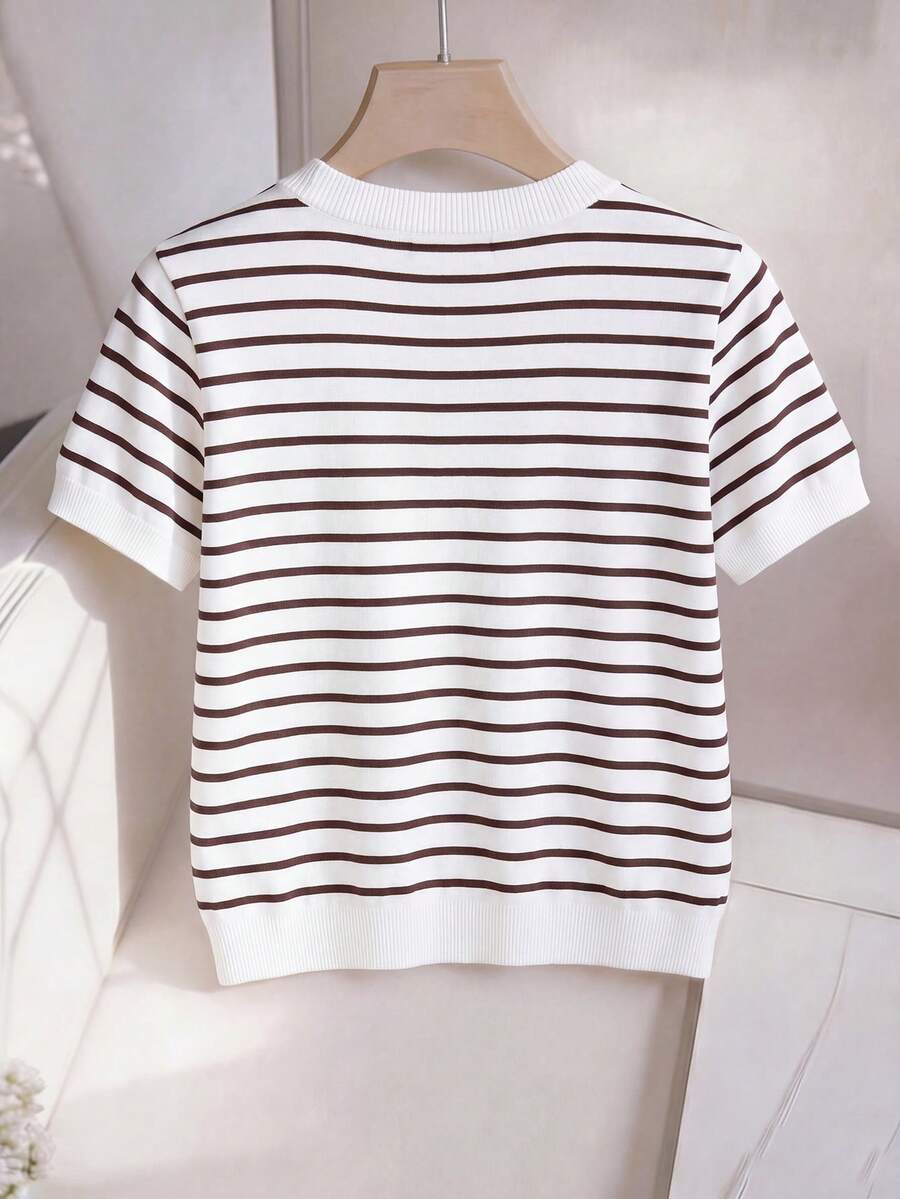 Striped V-Neck Short Sleeve T-Shirt For Women