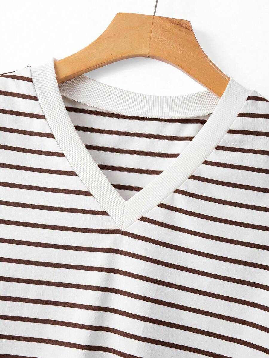Striped V-Neck Short Sleeve T-Shirt For Women