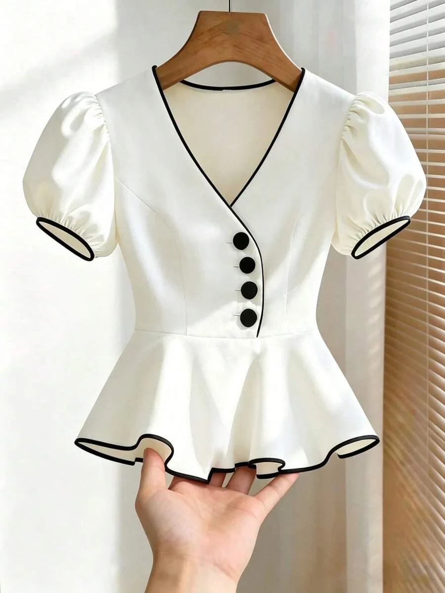 Franclia Women's Summer V-Neck Puff Sleeve Peplum Top