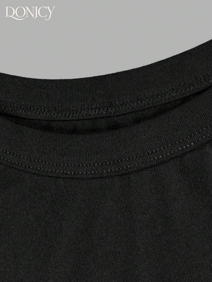 DONICY Women's Black Crew Neck Sleeveless Ruched Side Fitted Cotton T-Shirt, Elegant Outfit For Spring Summer Casual Tops