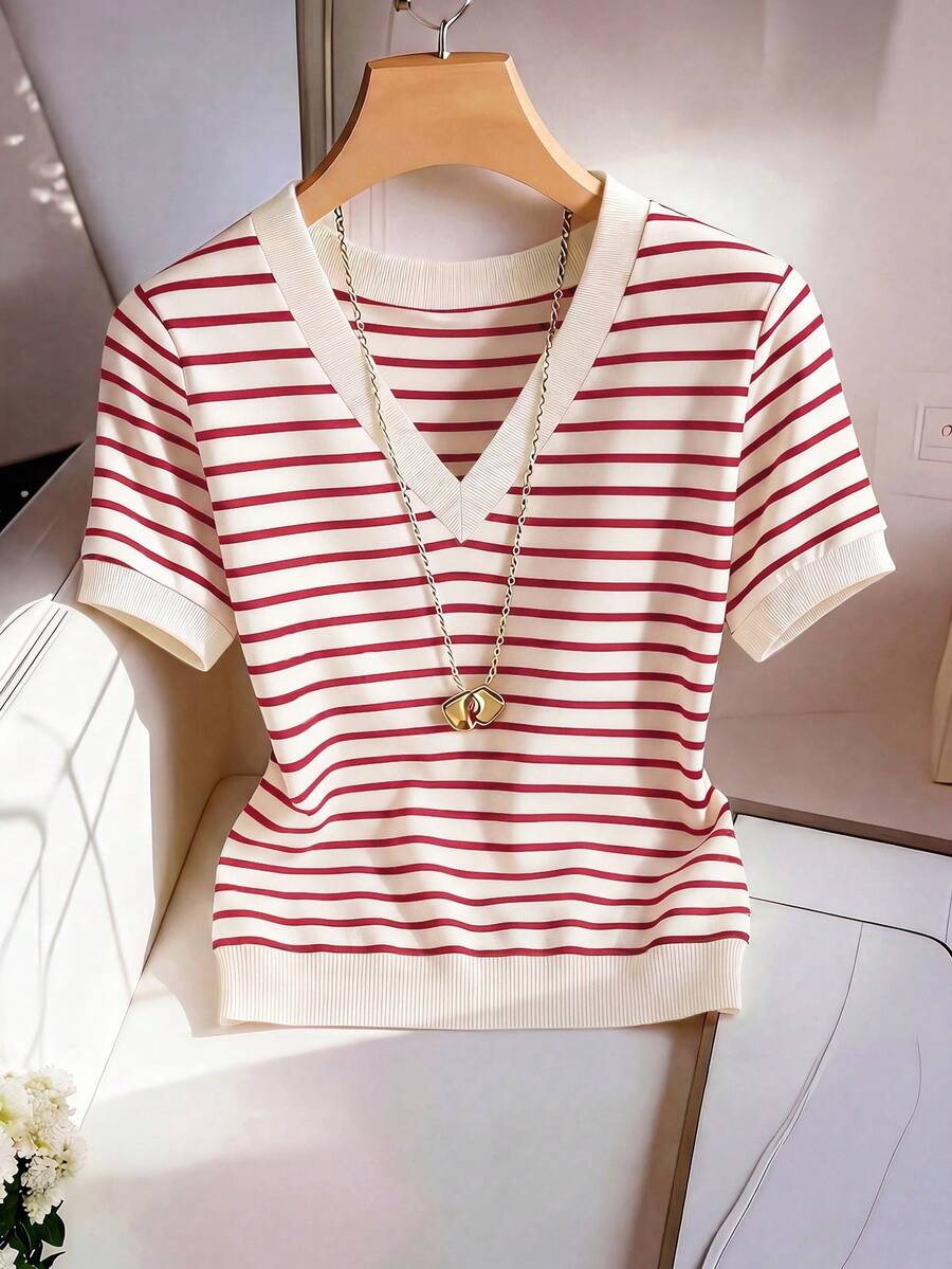 Striped V-Neck Short Sleeve T-Shirt For Women