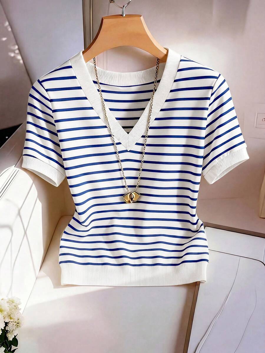 Striped V-Neck Short Sleeve T-Shirt For Women