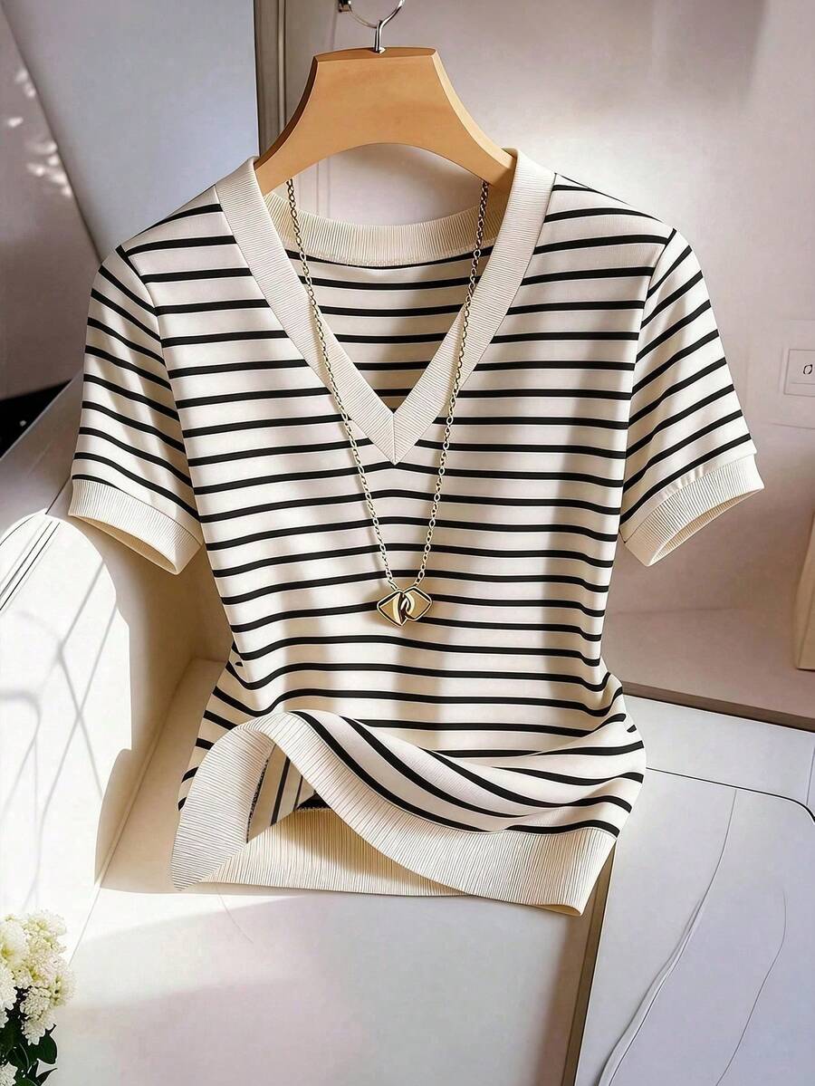 Striped V-Neck Short Sleeve T-Shirt For Women