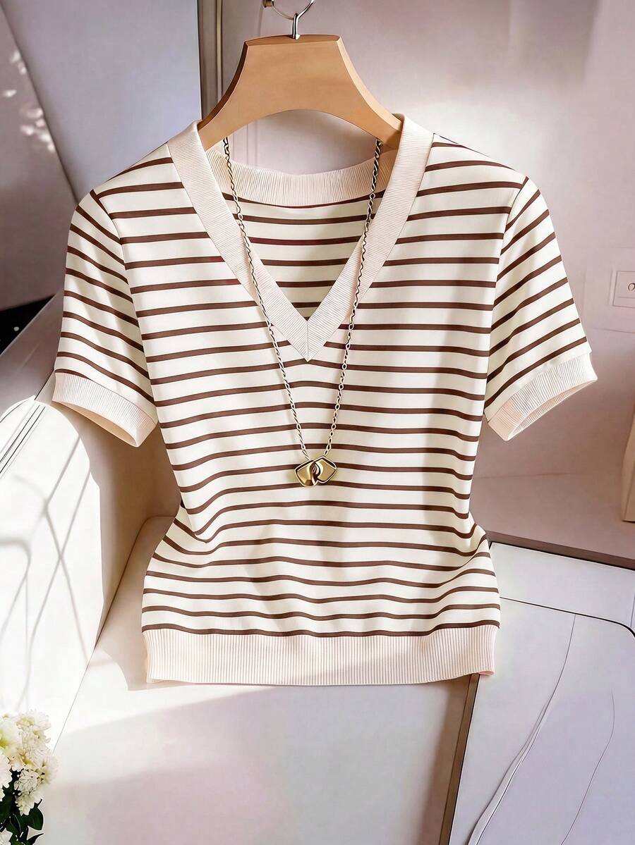 Striped V-Neck Short Sleeve T-Shirt For Women