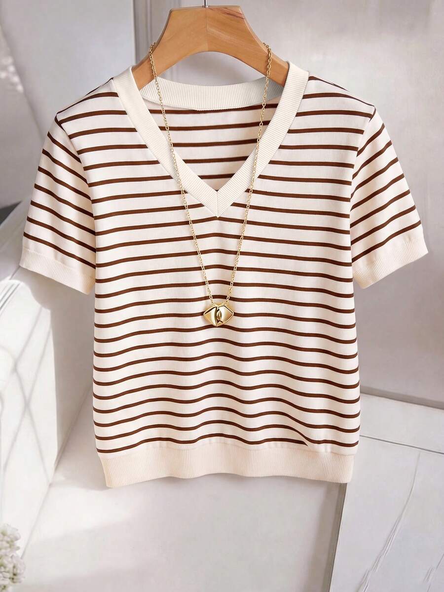 Striped V-Neck Short Sleeve T-Shirt For Women