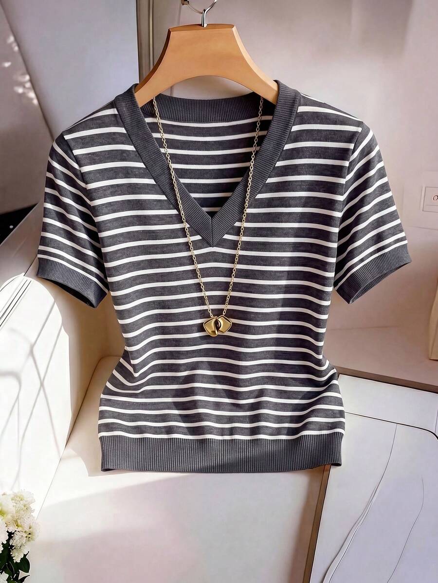 Striped V-Neck Short Sleeve T-Shirt For Women