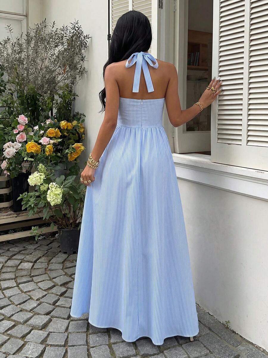 Sunnyshic Women's Blue & White Striped Strapless Backless A-Line dress