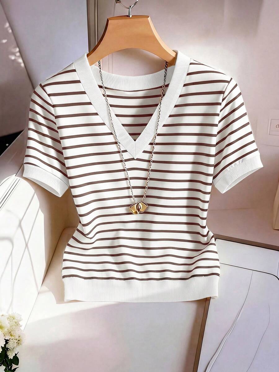 Striped V-Neck Short Sleeve T-Shirt For Women