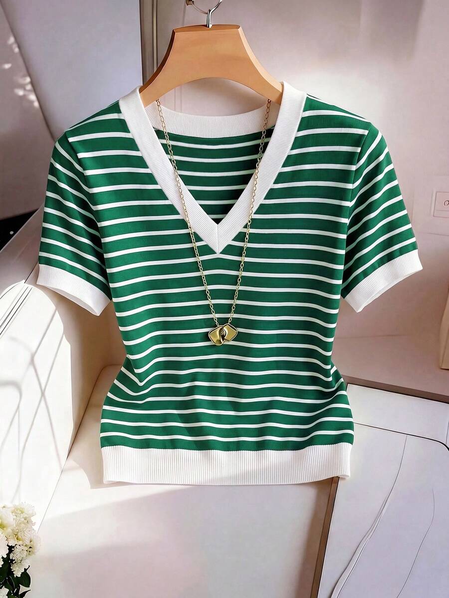 Striped V-Neck Short Sleeve T-Shirt For Women