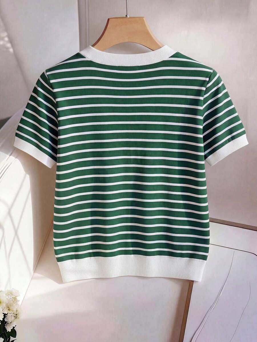 Striped V-Neck Short Sleeve T-Shirt For Women