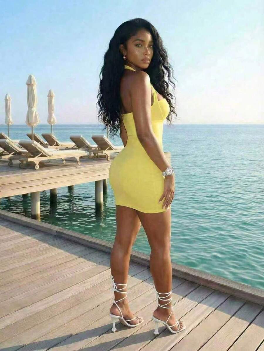 Slaydiva Yellow Summmer Women Elegant Halter Neck Tie Mini Dress