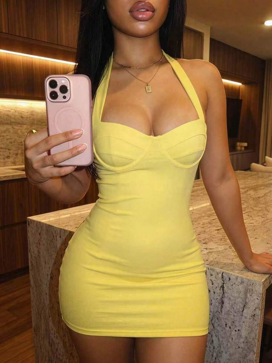 Slaydiva Yellow Summmer Women Elegant Halter Neck Tie Mini Dress