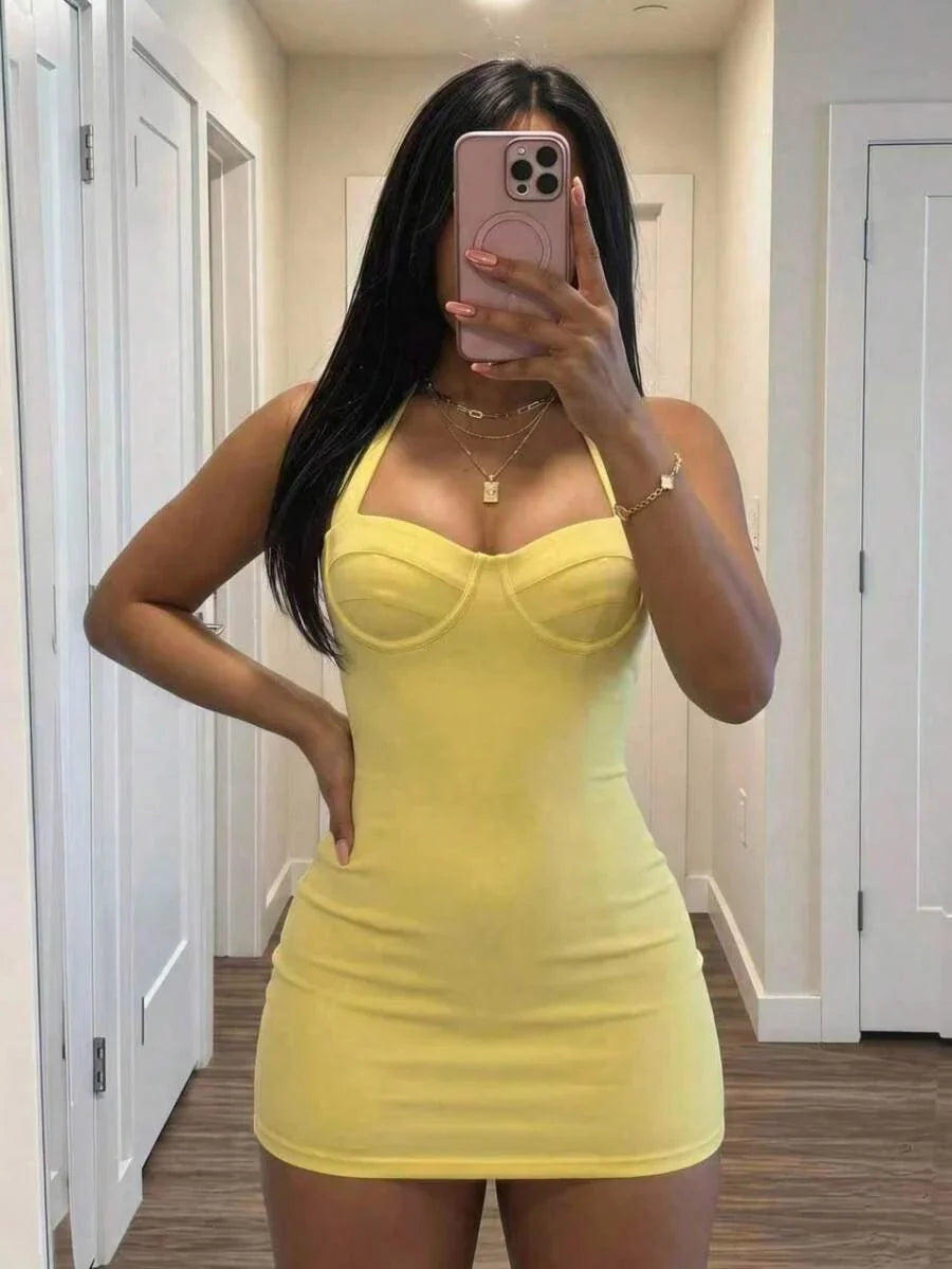 Slaydiva Yellow Summmer Women Elegant Halter Neck Tie Mini Dress