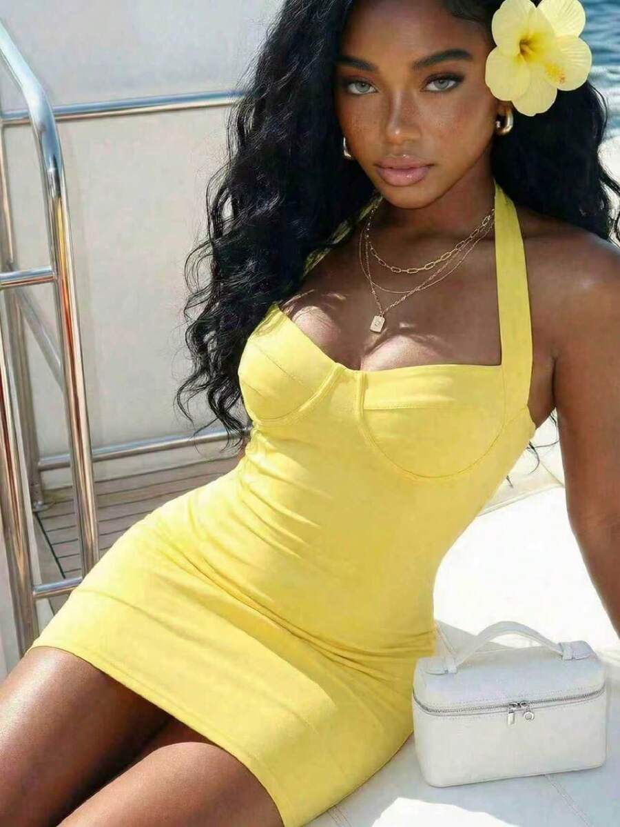 Slaydiva Yellow Summmer Women Elegant Halter Neck Tie Mini Dress