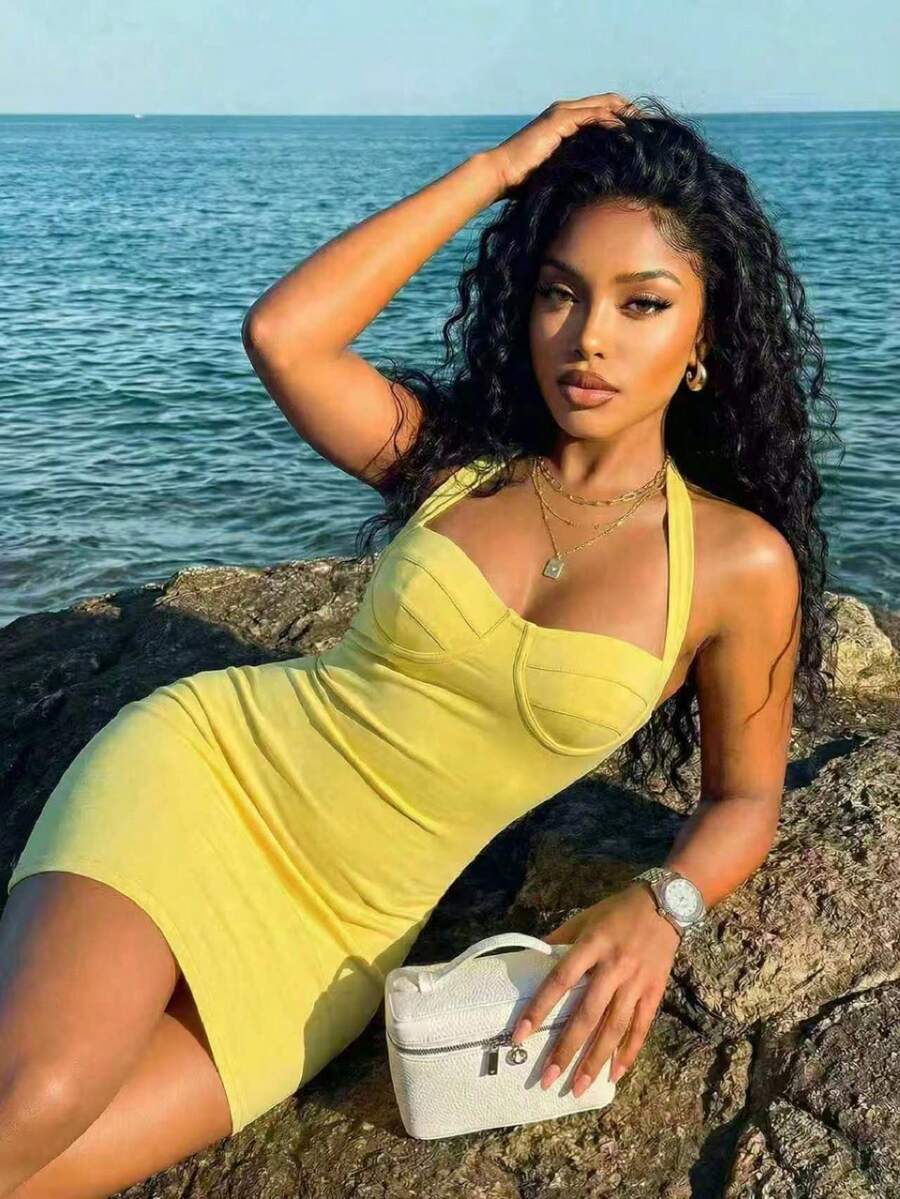 Slaydiva Yellow Summmer Women Elegant Halter Neck Tie Mini Dress