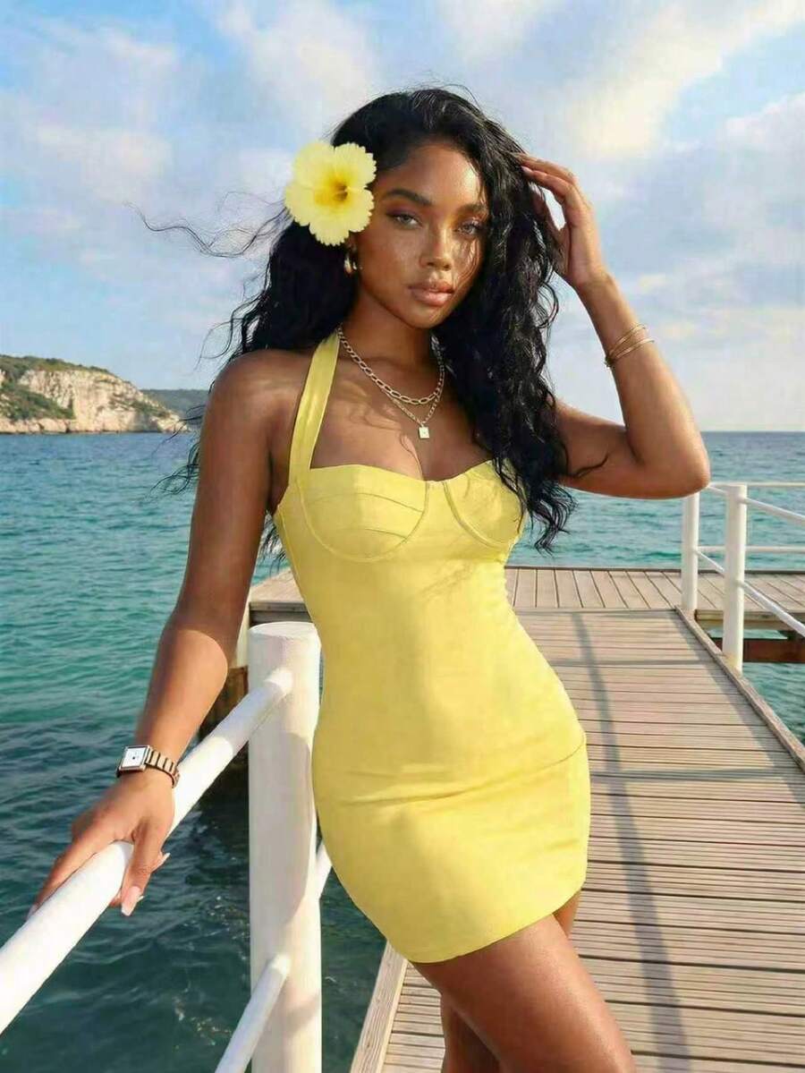 Slaydiva Yellow Summmer Women Elegant Halter Neck Tie Mini Dress