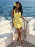 Slaydiva Yellow Summmer Women Elegant Halter Neck Tie Mini Dress