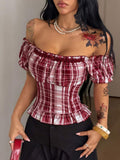 Coolane Red Plaid Off Shoulder Short Sleeve Plaid Waist Lace Patchwork Shirt For Women, Summer