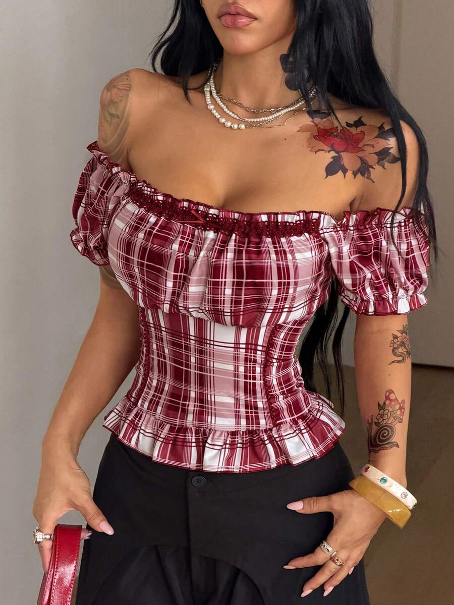 Coolane Red Plaid Off Shoulder Short Sleeve Plaid Waist Lace Patchwork Shirt For Women, Summer