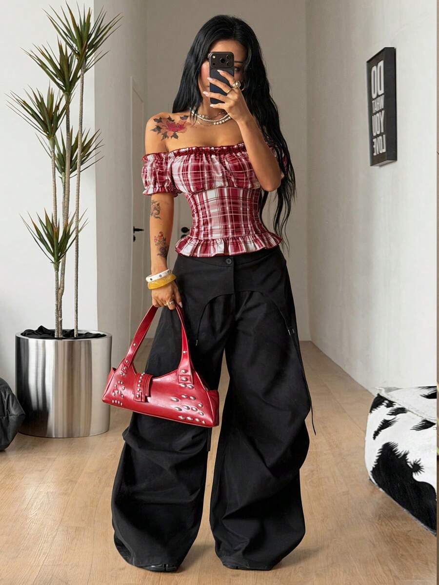 Coolane Red Plaid Off Shoulder Short Sleeve Plaid Waist Lace Patchwork Shirt For Women, Summer