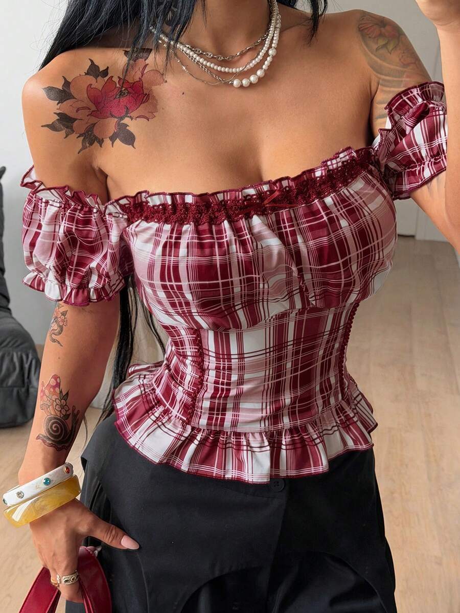 Coolane Red Plaid Off Shoulder Short Sleeve Plaid Waist Lace Patchwork Shirt For Women, Summer