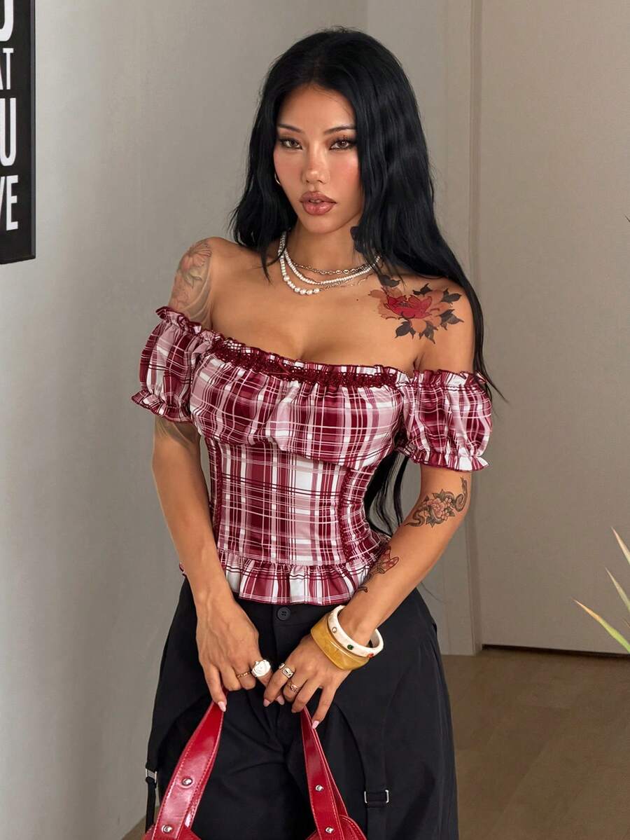 Coolane Red Plaid Off Shoulder Short Sleeve Plaid Waist Lace Patchwork Shirt For Women, Summer