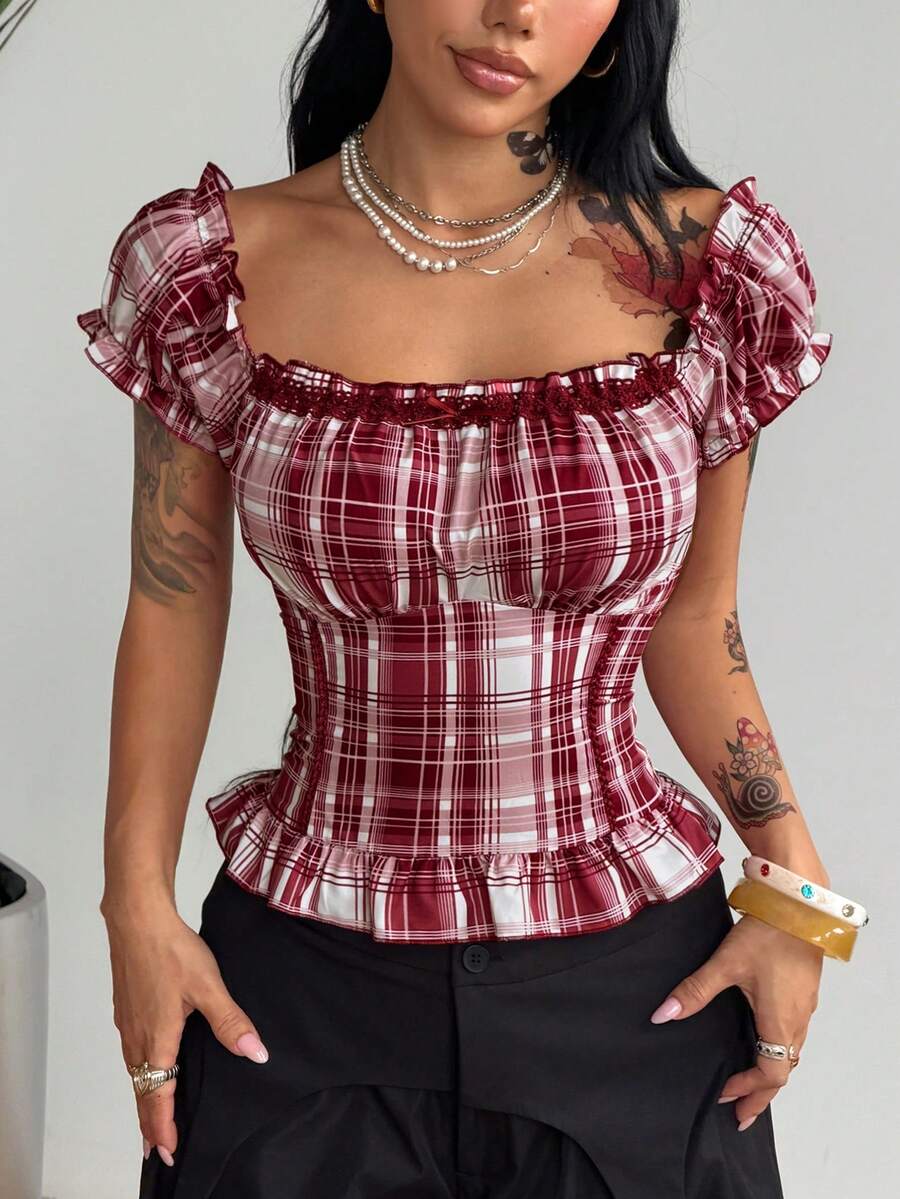 Coolane Red Plaid Off Shoulder Short Sleeve Plaid Waist Lace Patchwork Shirt For Women, Summer