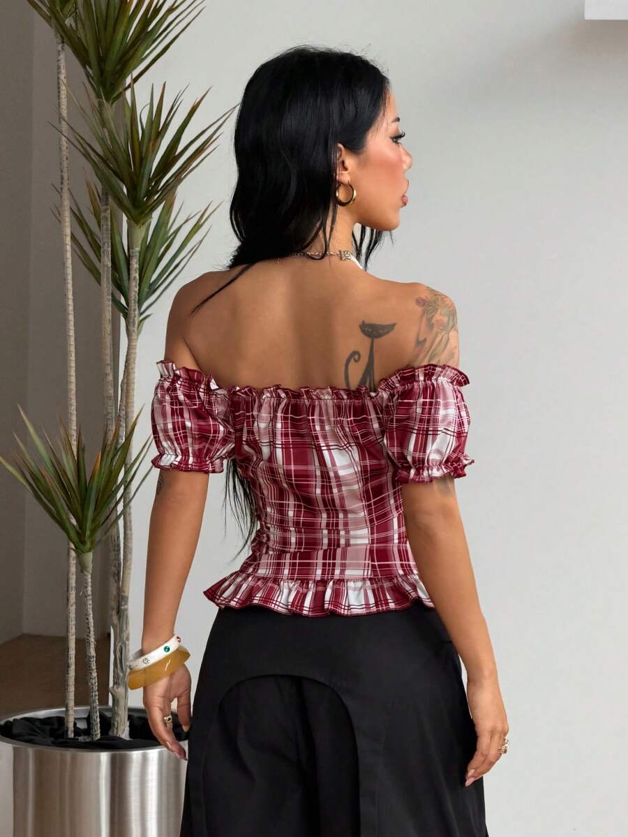 Coolane Red Plaid Off Shoulder Short Sleeve Plaid Waist Lace Patchwork Shirt For Women, Summer