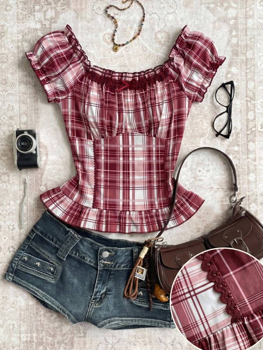 Coolane Red Plaid Off Shoulder Short Sleeve Plaid Waist Lace Patchwork Shirt For Women, Summer