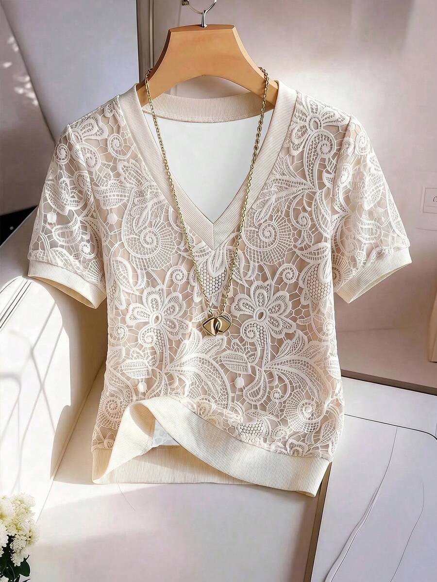 Striped V-Neck Short Sleeve T-Shirt For Women