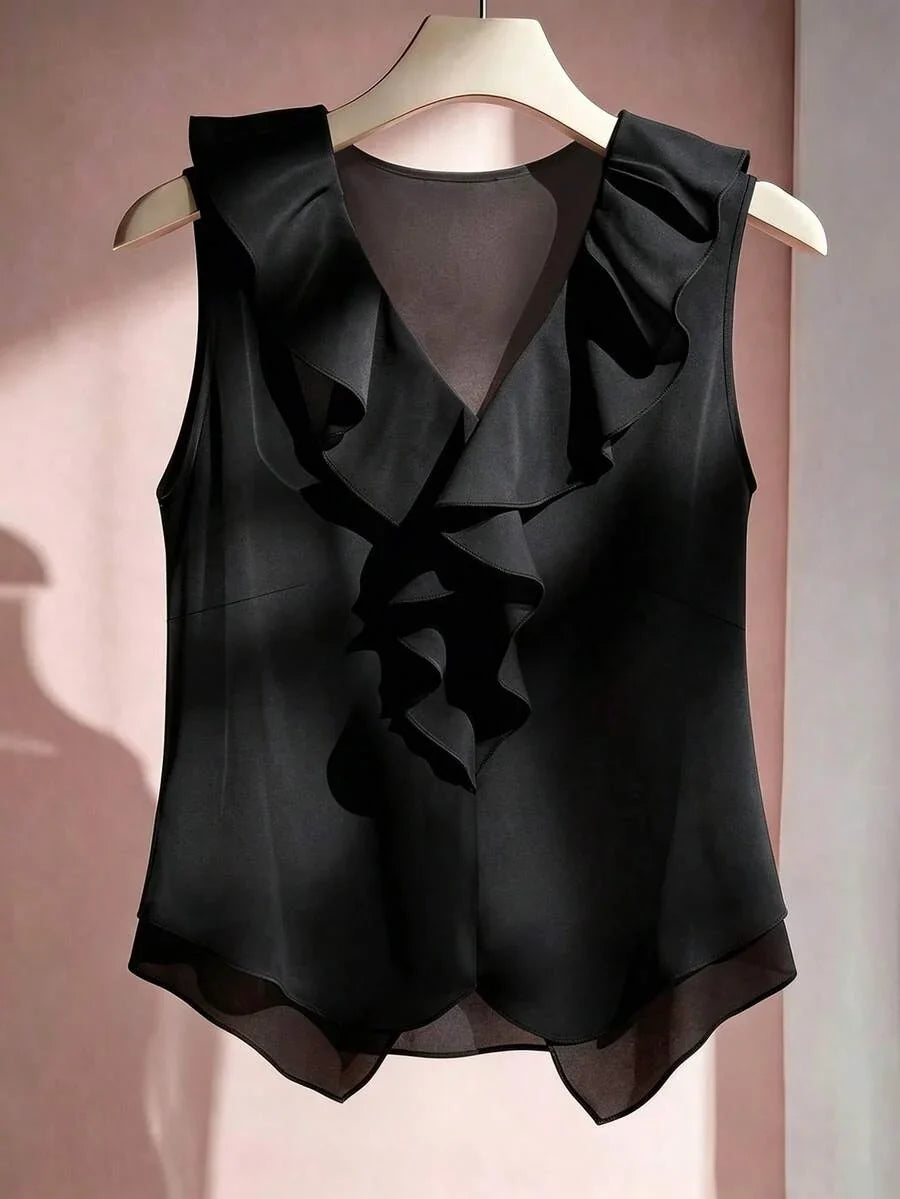 Sleeveless V-Neck Ruffle Blouse For Women