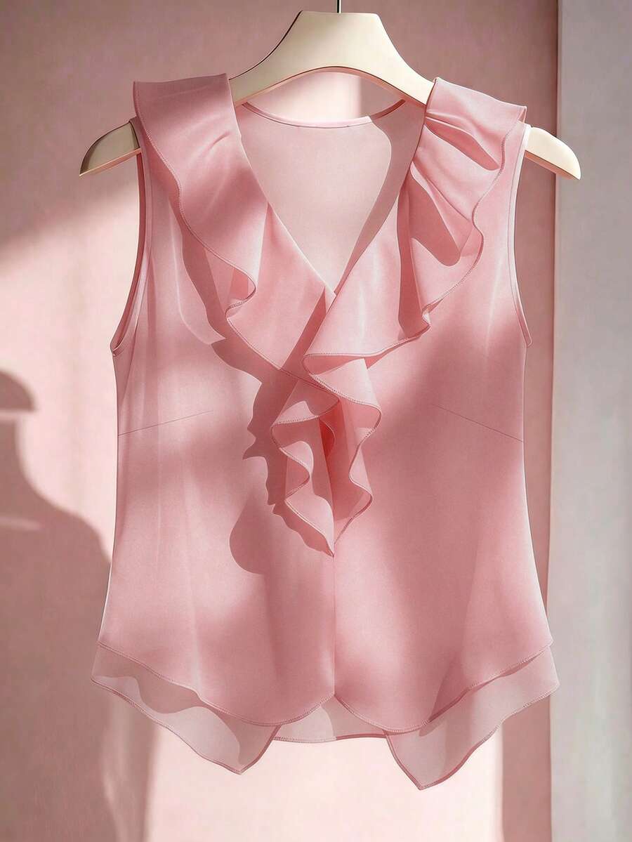 Sleeveless V-Neck Ruffle Blouse For Women