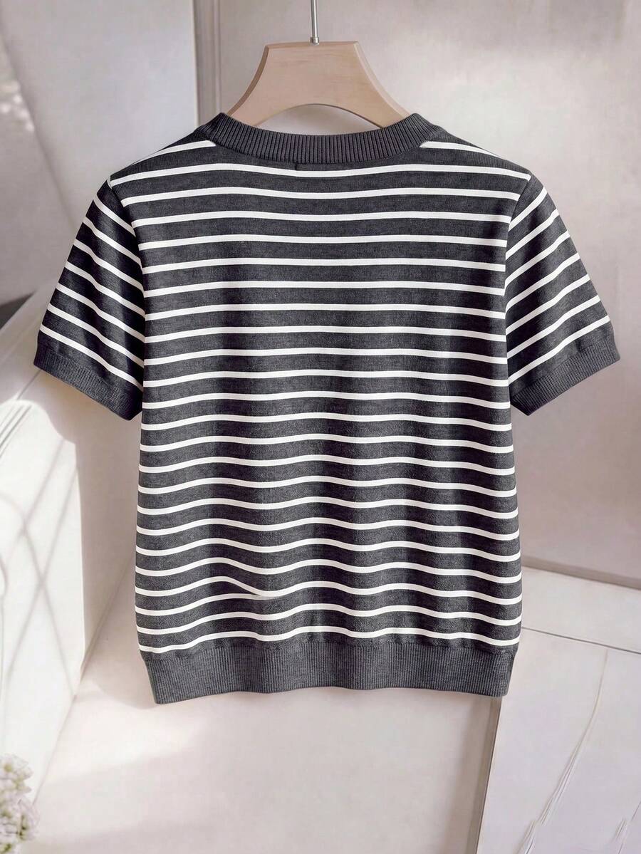 Striped V-Neck Short Sleeve T-Shirt For Women