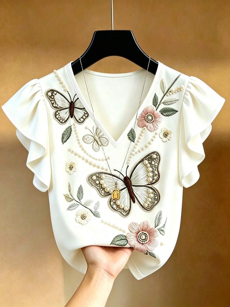French Elegant V-Neck Black & White Contrast Ruffle Trim Short Sleeve Chiffon Blouse