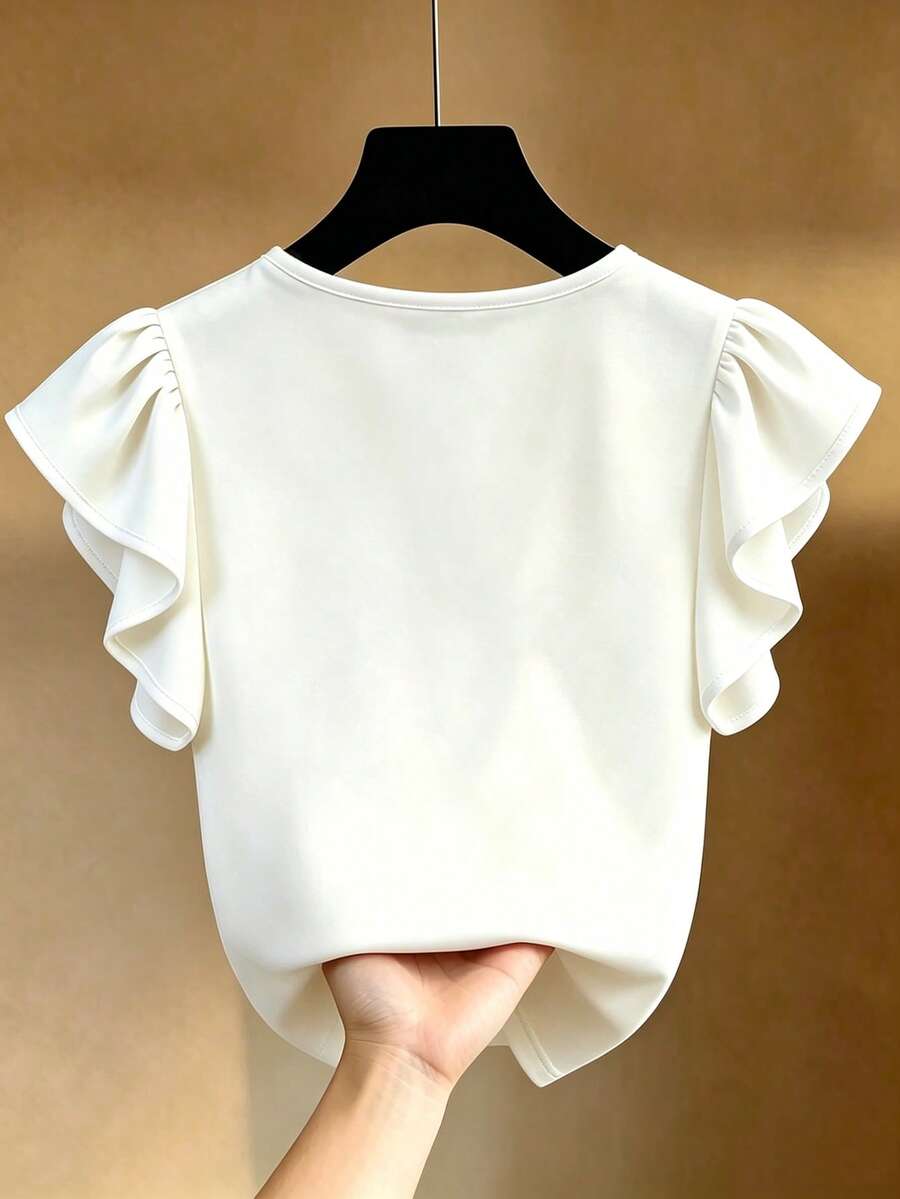 French Elegant V-Neck Black & White Contrast Ruffle Trim Short Sleeve Chiffon Blouse