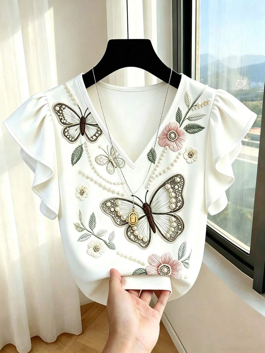 French Elegant V-Neck Black & White Contrast Ruffle Trim Short Sleeve Chiffon Blouse