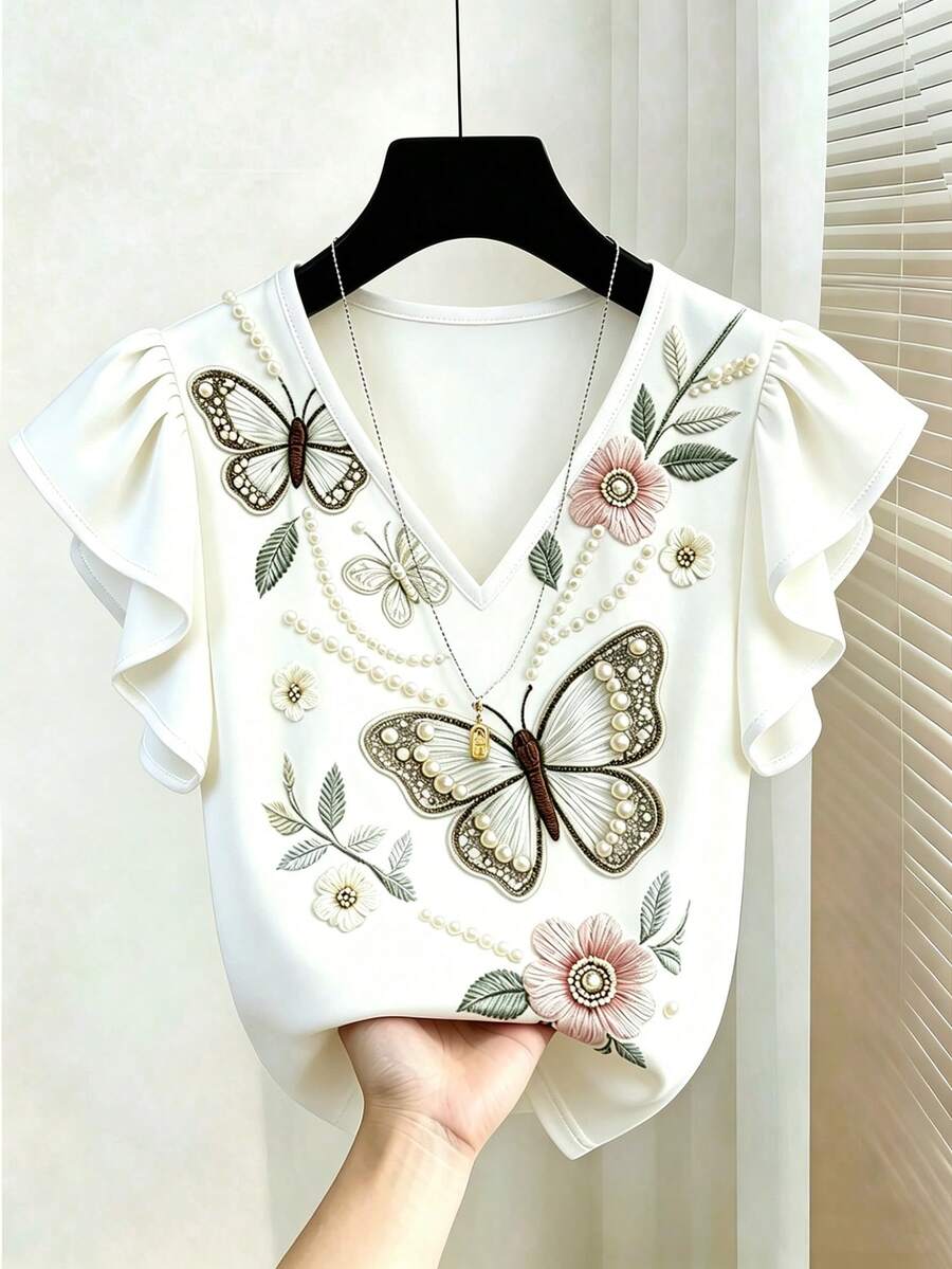 French Elegant V-Neck Black & White Contrast Ruffle Trim Short Sleeve Chiffon Blouse