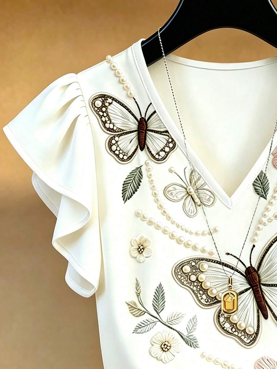 French Elegant V-Neck Black & White Contrast Ruffle Trim Short Sleeve Chiffon Blouse