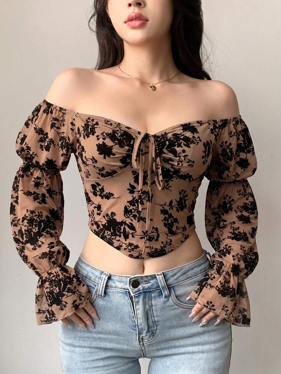 DAZY Women Chic Brown Floral Mesh Long Sleeve Crop Top