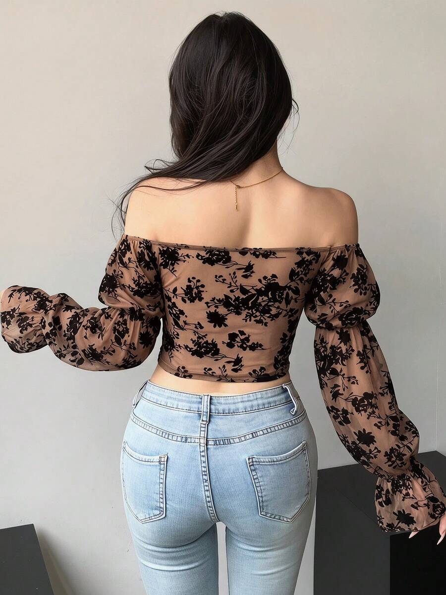 DAZY Women Chic Brown Floral Mesh Long Sleeve Crop Top